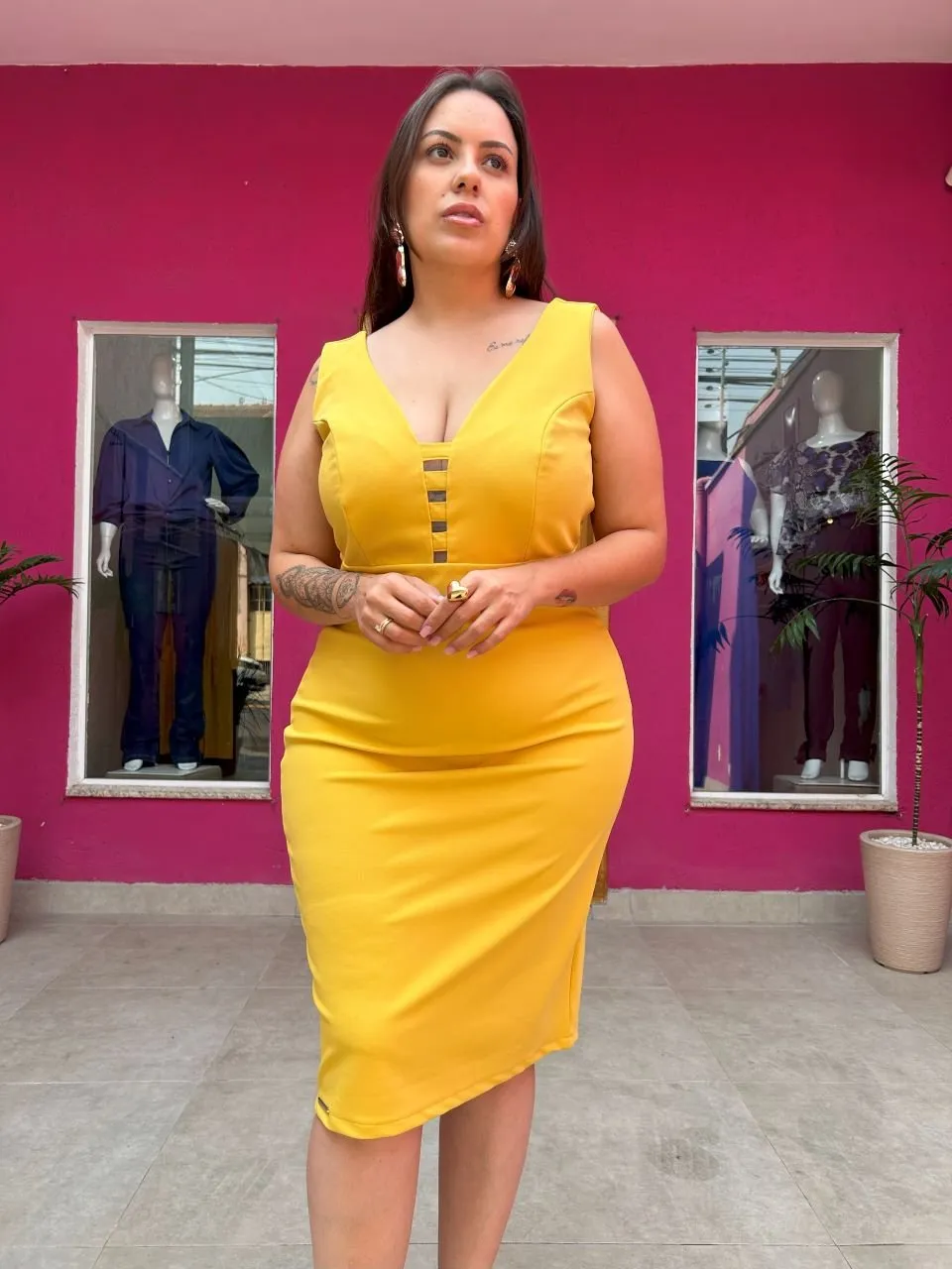 Plus Size Vestido Com Detalhe No Decote Vestido Estampado Em Malha