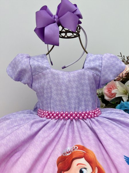 Vestido Infantil Princesa Sofia Lilás C/ Cinto De Pérolas