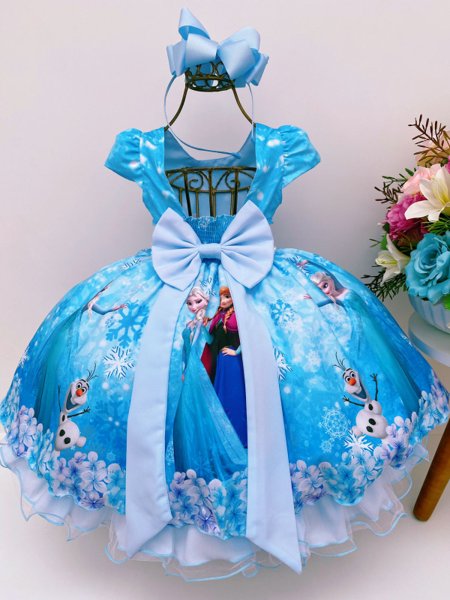 Vestido Infantil Frozen e Cinderela Com Renda Cinto Pérolas