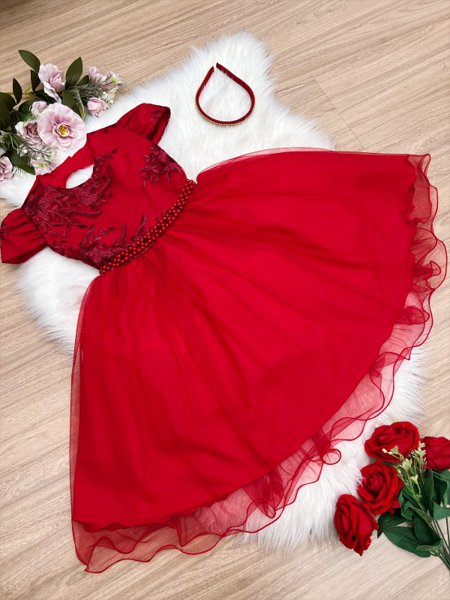 Vestido Infantil Vermelho Renda Festas Luxo Princesas - Rosa