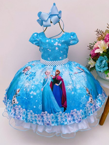 Vestido Infantil Frozen e Cinderela Com Renda Cinto Pérolas