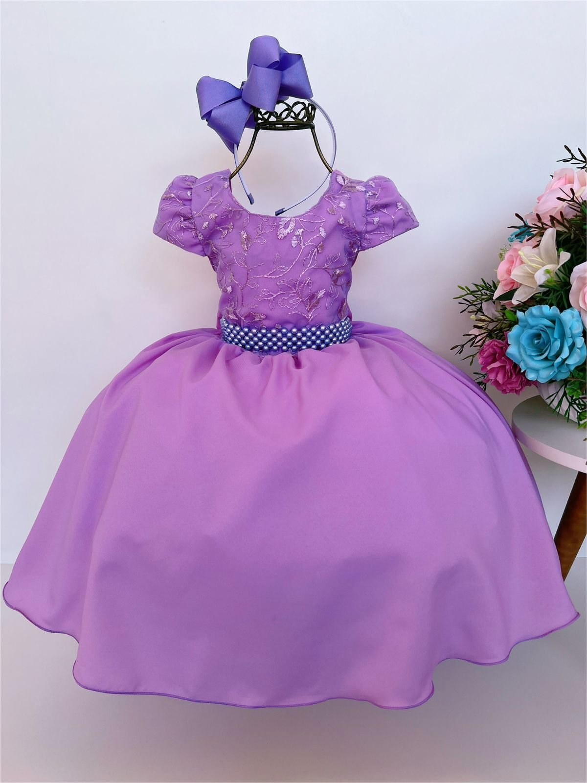 VESTIDO INFANTIL LILÁS C/ CINTO DE PÉROLAS CASAMENTO LUXO