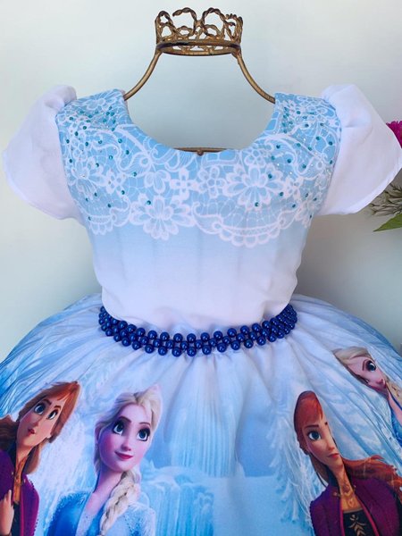 Vestido Infantil Frozen Princesas Com Cinto de Pérolas