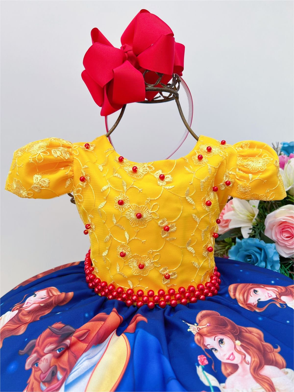 VESTIDO INFANTIL PRINCESA BELA E A FERA AMARELO C/ PÉROLAS