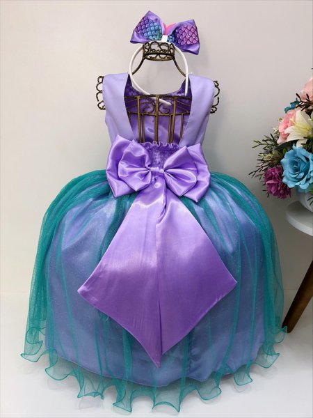 Vestido Infantil Princesa Ariel Lilás E Tule Verde Pérolas