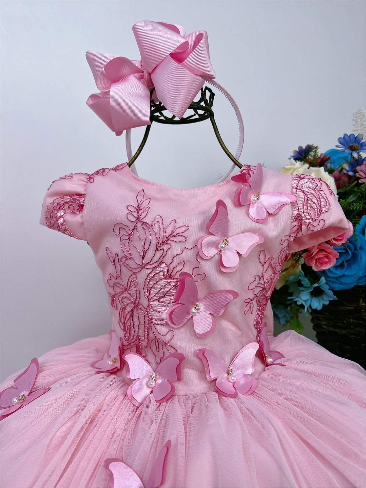 Vestido Infantil Rosa C/ Renda de Borboletas Dama Princesas