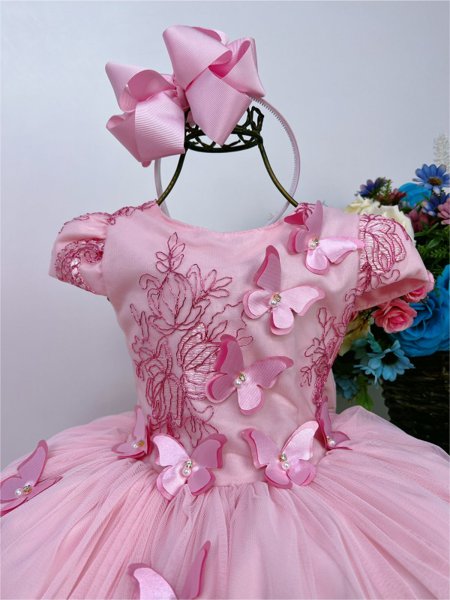 Vestido Infantil Rose Renda C/ Borboletas Dama Princesas