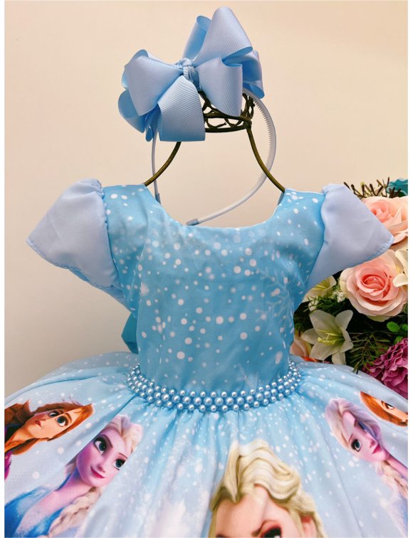 Vestido Infantil Frozen Princesas Com Cinto de Pérolas