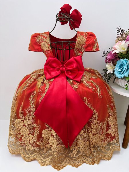 Vestido Infantil Vermelho Renda Princesas Realeza Luxo Festa