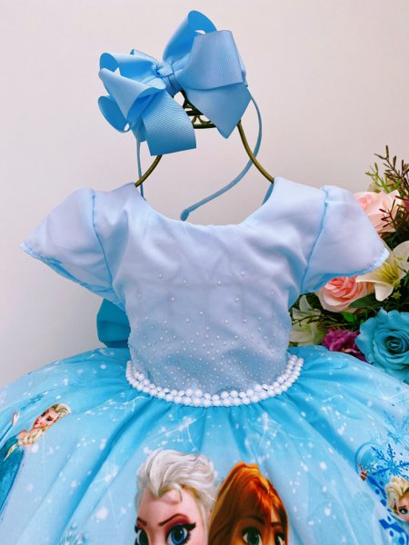 Vestido Infantil Frozen Princesas Com Cinto de Pérolas