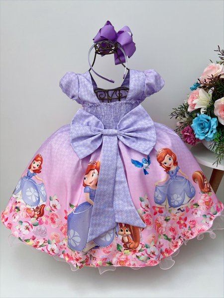 Vestido Temático infantil Princesa Sofia festa lilás e rosa