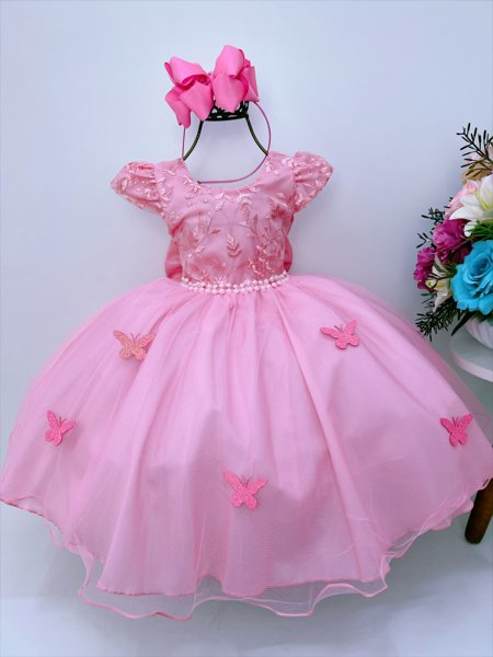 Vestido Infantil Rosa C/ Renda de Borboletas Dama Princesas