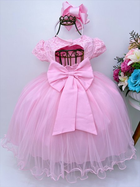 Vestido Infantil Rosa C/ Renda Strass e Pérolas Princesas