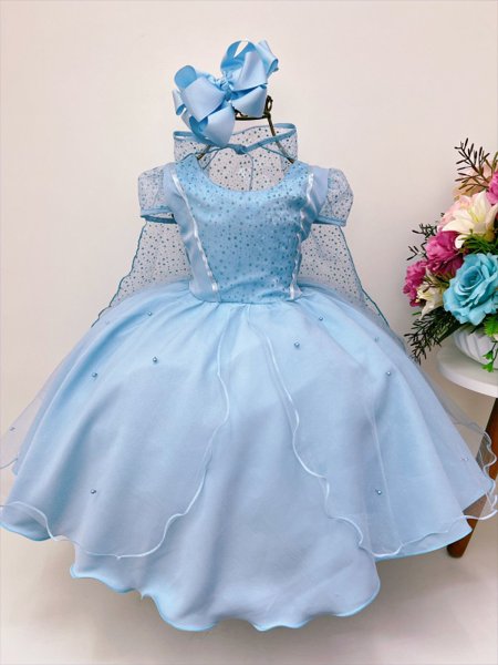 Vestido Infantil Azul Frozen com Capa Luxo