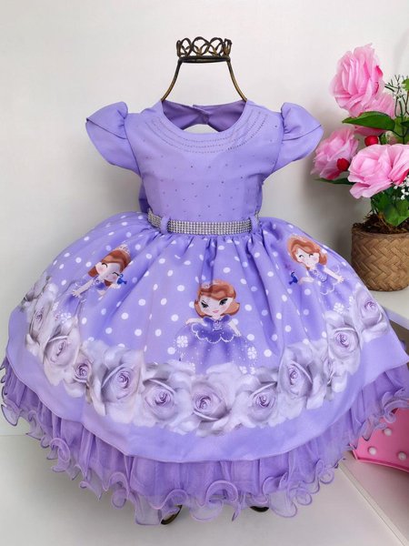 Vestido Infantil Sofia Princesa Lilás Strass Luxo Festas