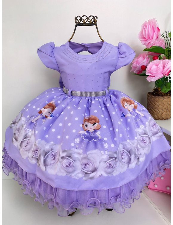 Vestido Infantil Lilás Lavanda Princesa Sofia Jasmine Ariel Tiara Luvas  Fantasia Carnaval Aniversário Temático Princesas Presente Menina Festa Luxo  Rodado