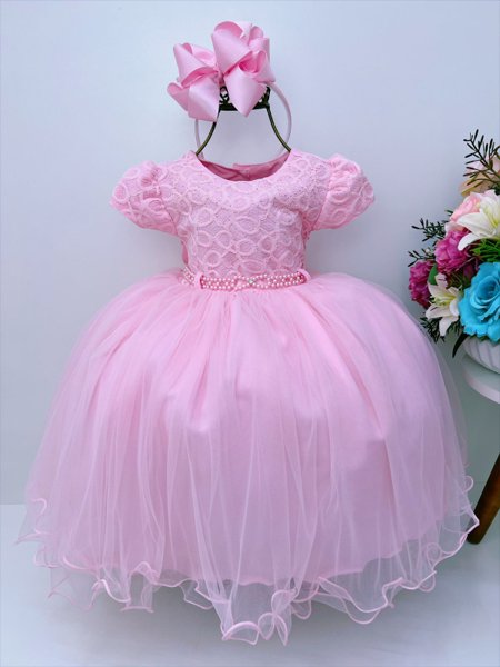 Vestido Infantil Rosa C/ Renda Strass e Pérolas Princesas