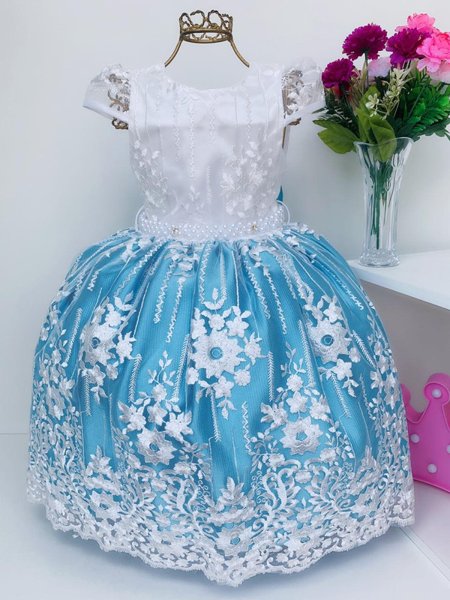 Vestido Infantil Azul Tiffany Renda Branca Realeza Luxo | Bella Moda Festa  Infantil