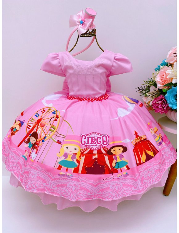 Vestido Infantil Princesas Rosa Cinto de Pérolas e Laço - Fabuloso Ateliê