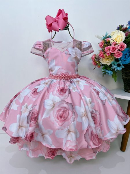 VESTIDO INFANTIL ROSA FLORAL PRINCESA LUXO FESTA ANIVERSÁRIO