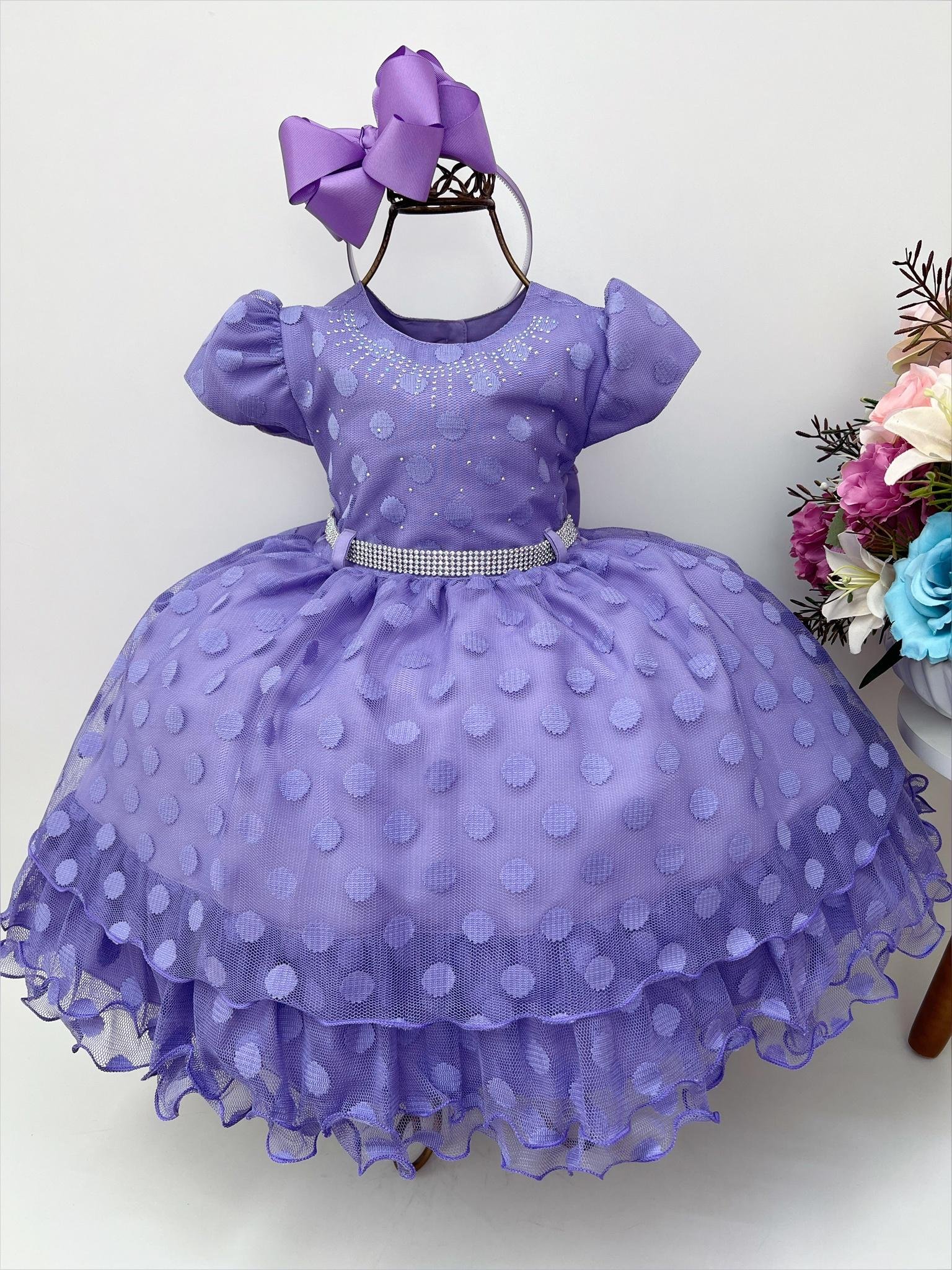 VESTIDO INFANTIL LILÁS BOLINHAS PRINCESA SOFIA CINTO PÉROLAS