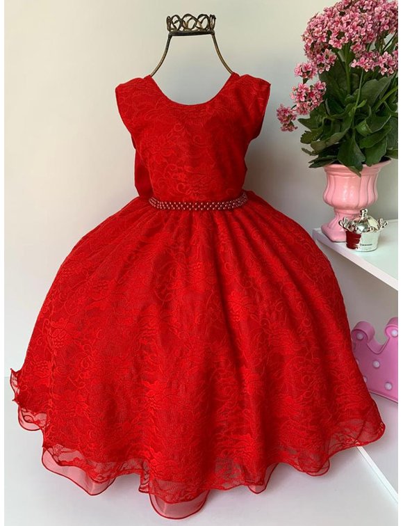 Vestido Infantil Vermelho E Off Renda De Luxo Festa Princesa em