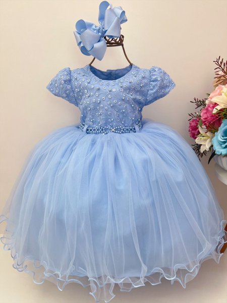 Vestido Infantil Azul C/ Renda Cinto Pérolas Strass Princesa