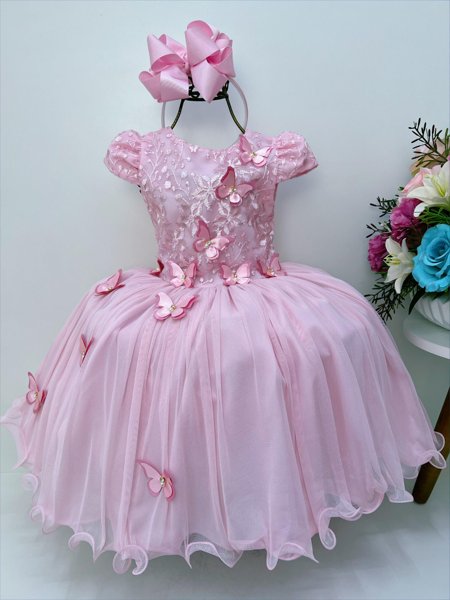 Vestido Infantil Rosa C/ Renda de Borboletas Dama Princesas