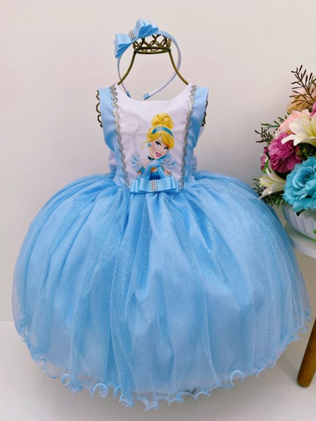 Vestido Infantil Cinderela Azul Brilho Festas Princesa