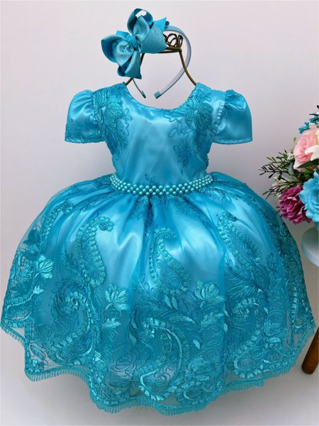 Vestido Infantil Realeza Azul Tiffany Renda Luxo Princesas | Bella Moda  Festa Infantil