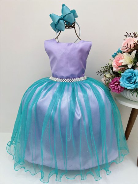 Vestido Infantil Princesa Ariel Lilás E Tule Verde Pérolas