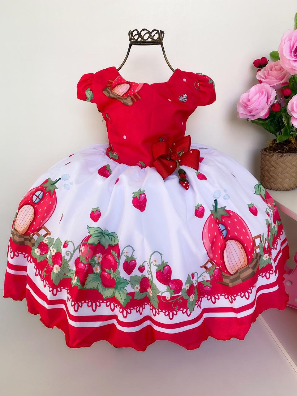 Vestido Infantil Vermelho Dourado Natal Festa Moranguinho Minnie