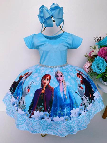 Vestido infantil festa Frozen Elsa e a Anna cor azul com branco