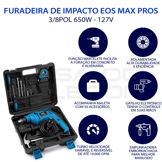 FURADEIRA DE IMPACTO EOS MAX PRO 3/8POL 127V 650W C/ MALETA