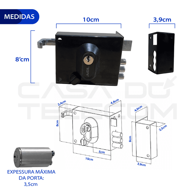 FECHADURA DE SOBREPOR AGL 35MM CHAVE SIMPLES PRETA