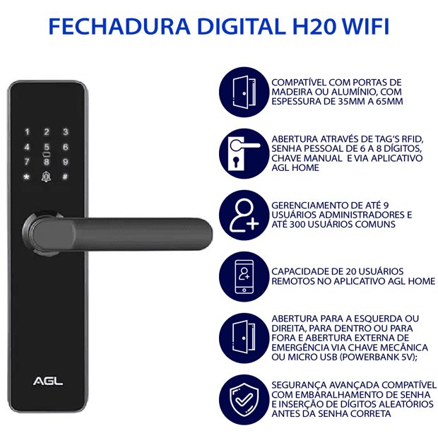 FECHADURA ELETRONICA DIGITAL AGL H20 WIFI APP SENHA E TAG