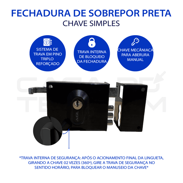 FECHADURA DE SOBREPOR AGL 35MM CHAVE SIMPLES PRETA