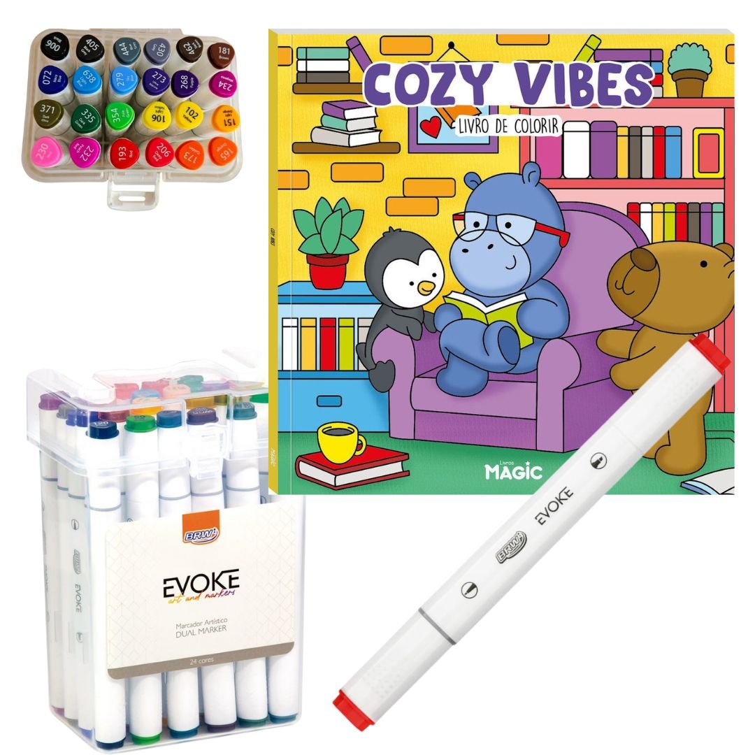Kit Livro de Colorir Cozy Vibes + Canetinhas 24 Cores BRW