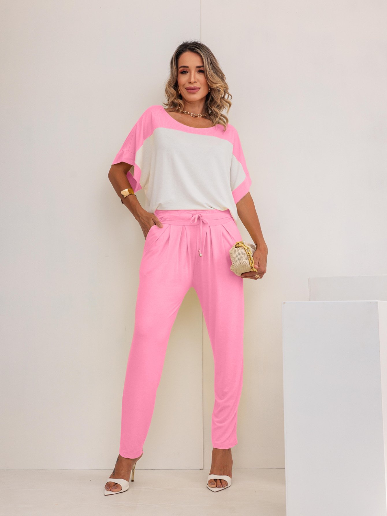 Conjunto Feminino Calça Reta e Blusa Bicolor Stela | NANA