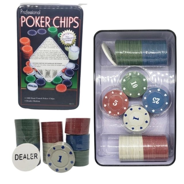 Jogo de fichas para poker 100 fichas plastico na lata 02 jogos de