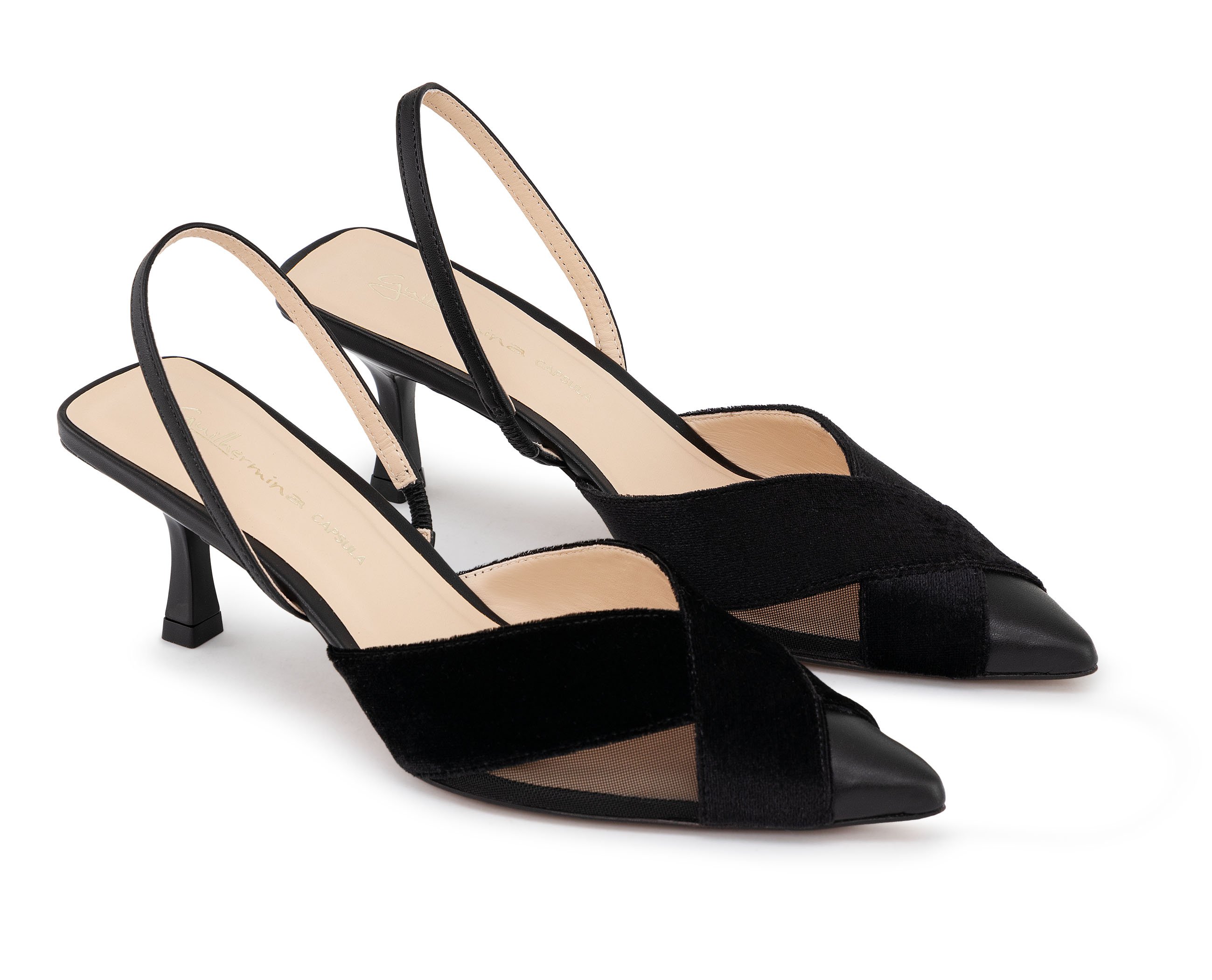 sparkle lace velour ブラック SOPHIA SLINGBACK Couro Napa Preto / Veludo Preto | Guilhermina Shoes