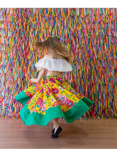 Saia Carimbó amarela saia rodada de chita