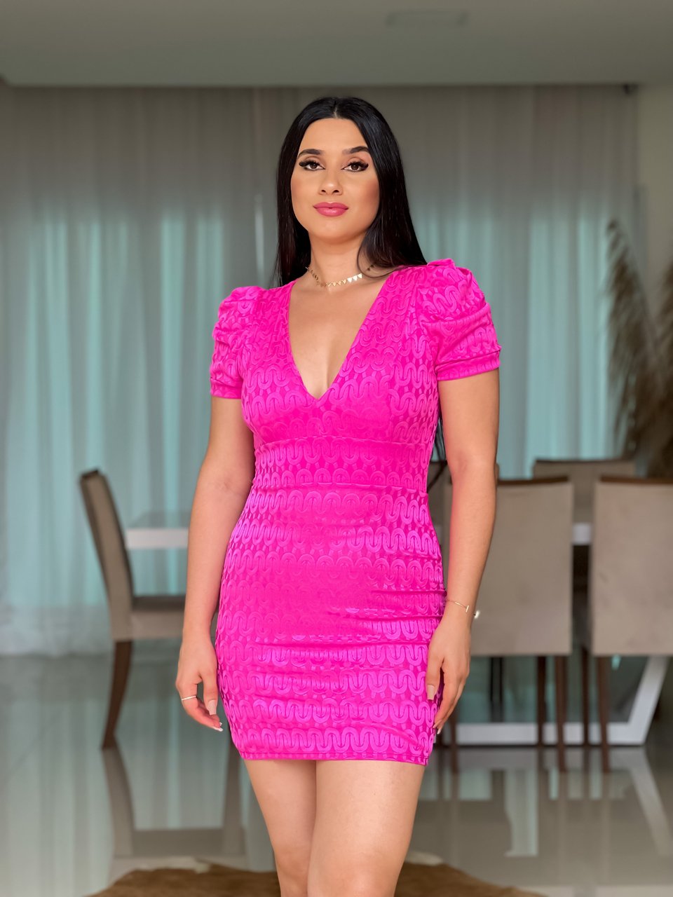 Vestido Curto Tubinho Manga Princesa Pink Giorgia Iara Fashion