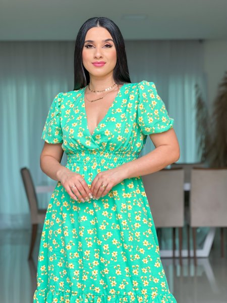 Vestido Midi Vestido Floral Decote V Vestido Feminino Midi Manga