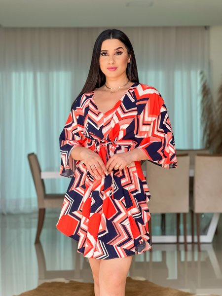Vestido Kimono Manga Morcego Decote V Estampado Laranja Milena