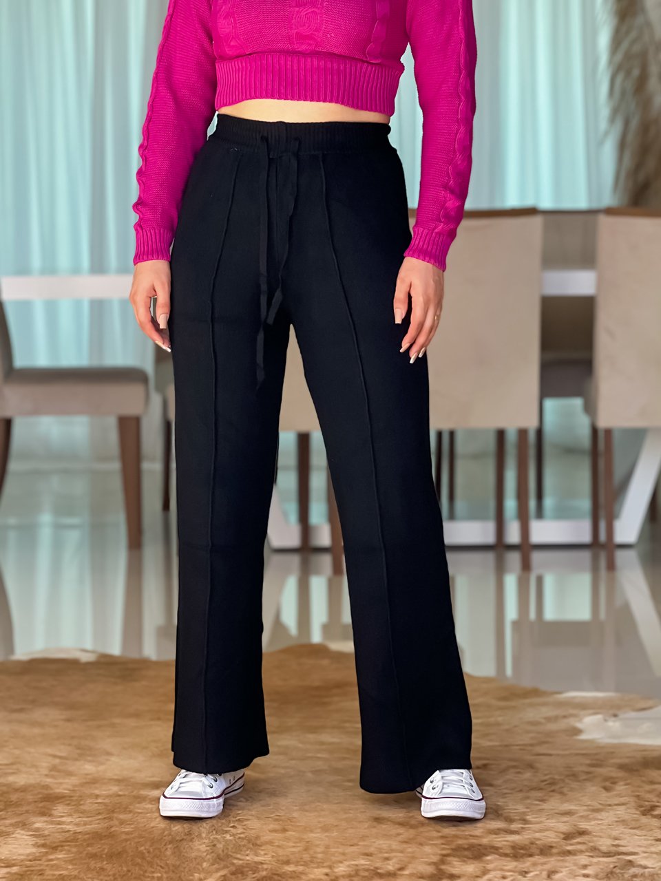 Calça Feminina Pantalona Lãzinha Preto Megan Iara Fashion