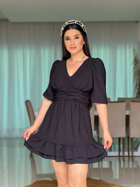 Vestido Feminino Curto Manga Princesa 3/4 Drapeado Busto Preto