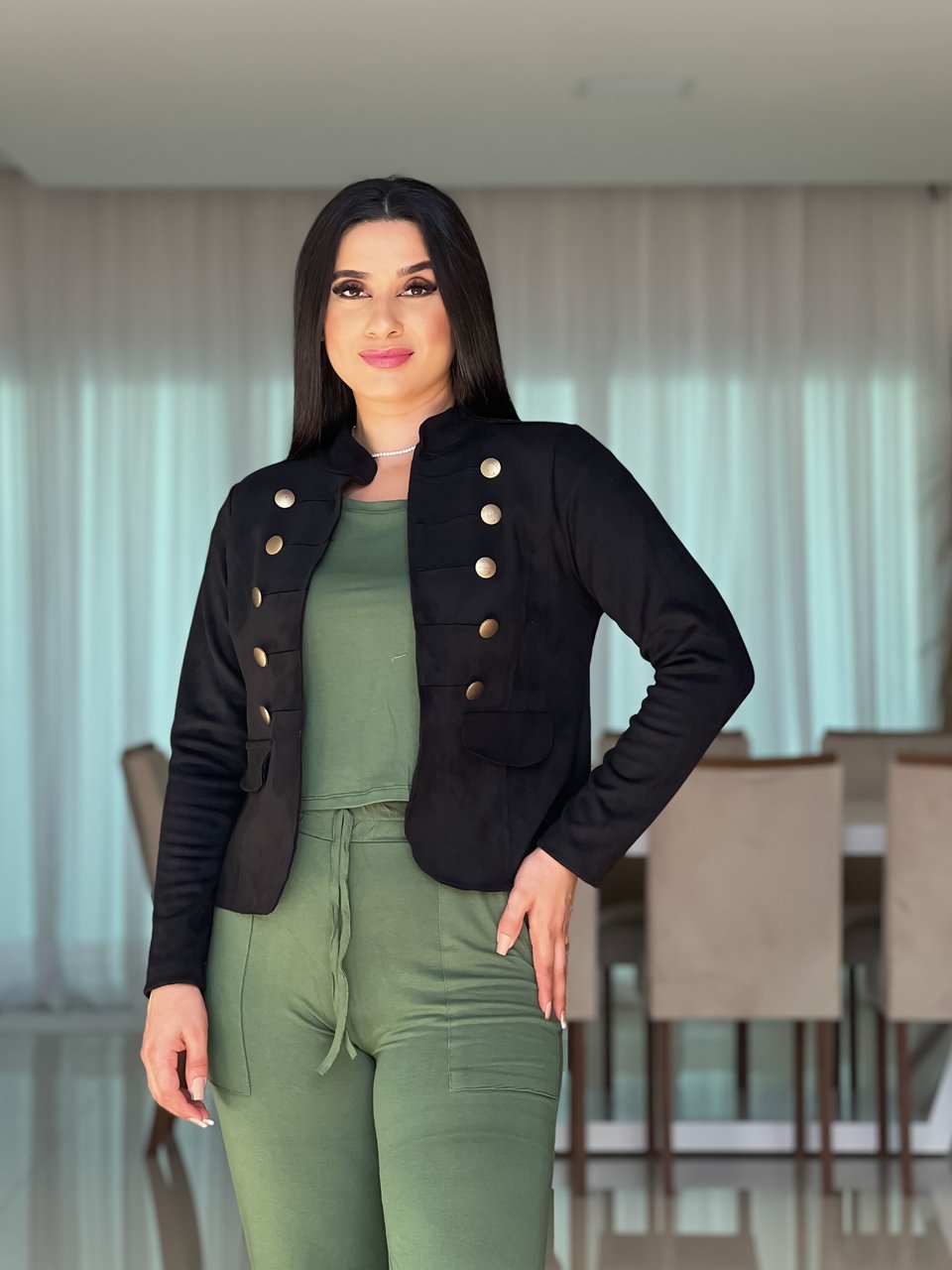 Casaco Feminino de Suede com Botões Bronze Preto Antonella