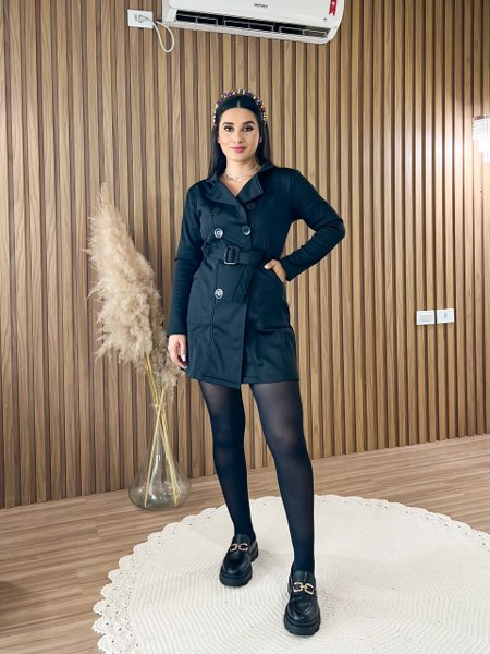 Look Sobretudo Preto Feminino Longo Sobretudo Neoprene Preto