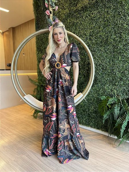 Vestido Longo Estampado de Manga Recorte Verde/mostarda Lavinia